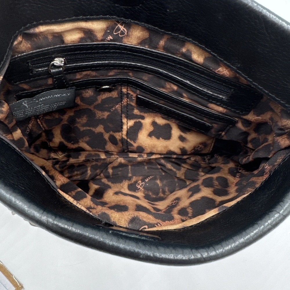 B. Makowsky Black Pebbled Leather Crossbody Shoulder Bag Contrast Stitch Tassel - Picture 6 of 8